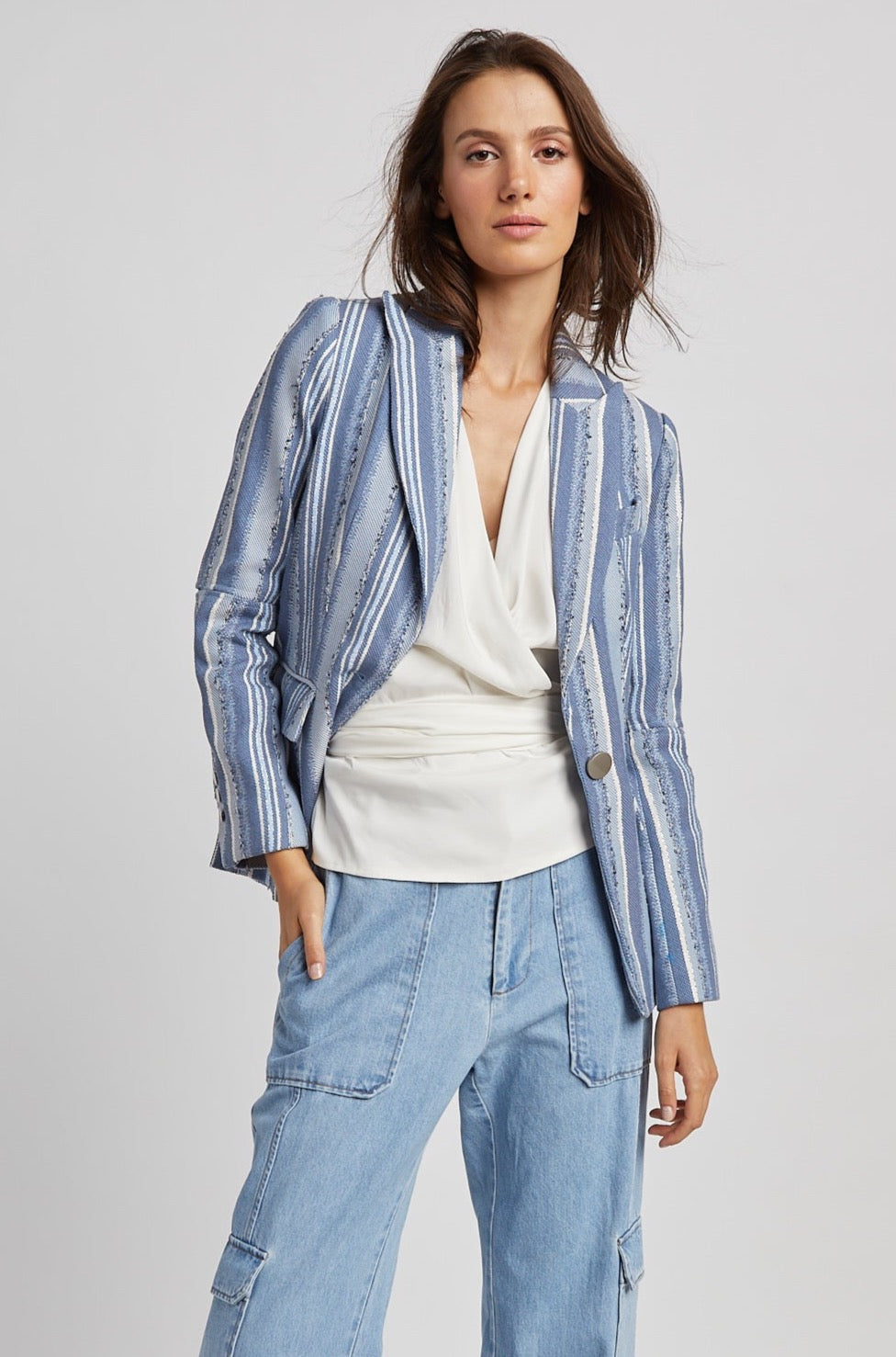 Adroit Atelier Hunter Single Breasted Jacquard Blazer in Blue Stripes available at Barbara Katz