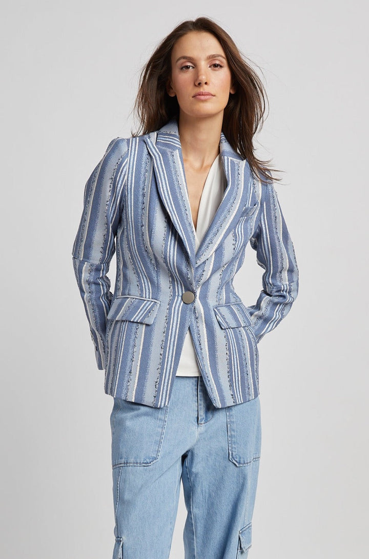Adroit Atelier Hunter Single Breasted Jacquard Blazer in Blue Stripes available at Barbara Katz