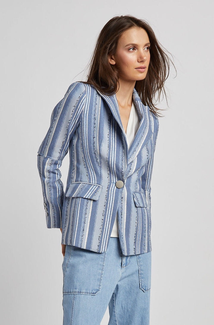 Adroit Atelier Hunter Single Breasted Jacquard Blazer in Blue Stripes available at Barbara Katz