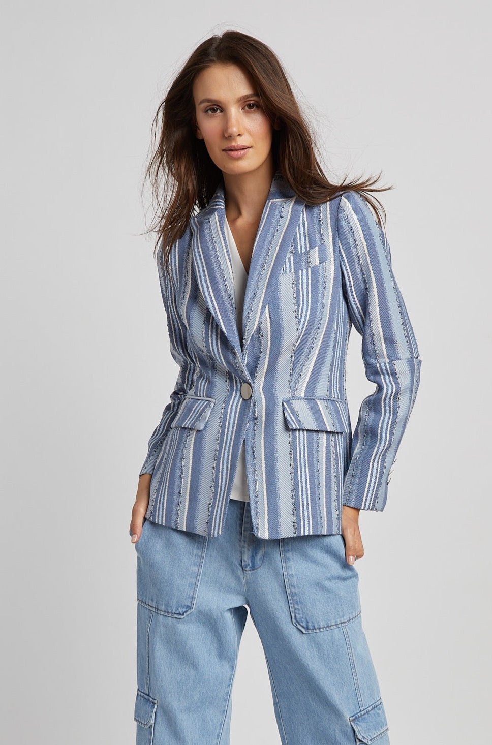 Adroit Atelier Hunter Single Breasted Jacquard Blazer in Blue Stripes available at Barbara Katz