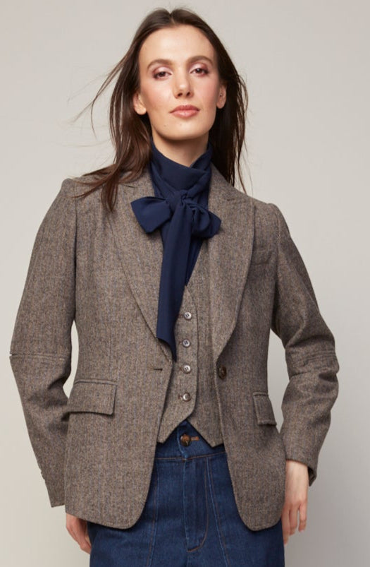 Hunter Single Breasted Tweed Blazer With Elbow Detail in Java available at Barbara Katz