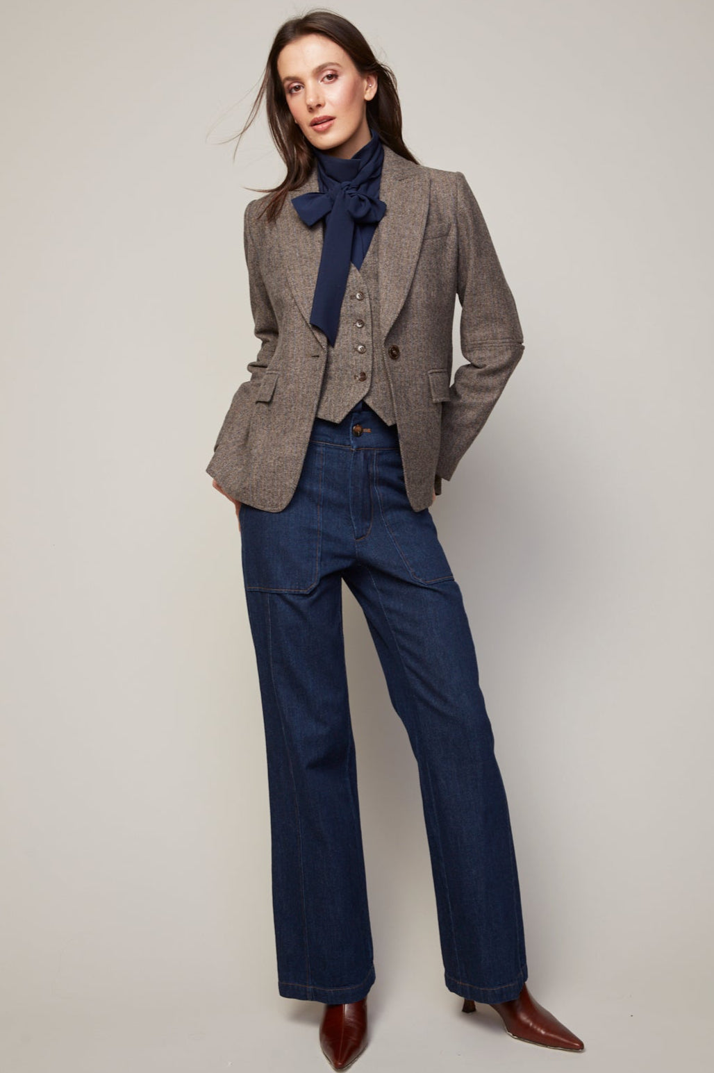 Hunter Single Breasted Tweed Blazer With Elbow Detail in Java available at Barbara Katz