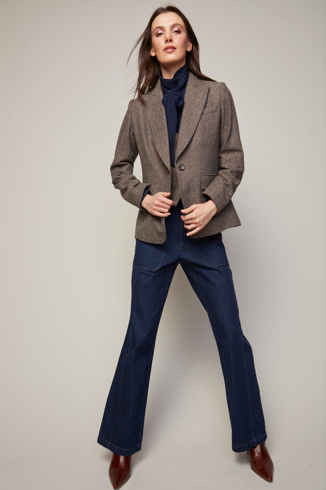Hunter Single Breasted Tweed Blazer With Elbow Detail in Java available at Barbara Katz