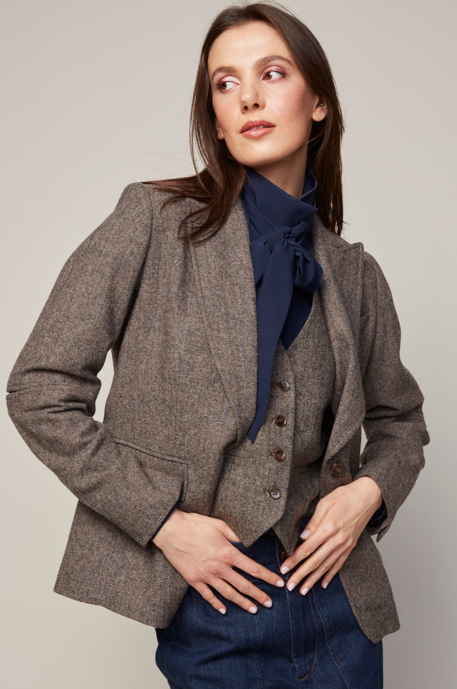 Hunter Single Breasted Tweed Blazer With Elbow Detail in Java available at Barbara Katz