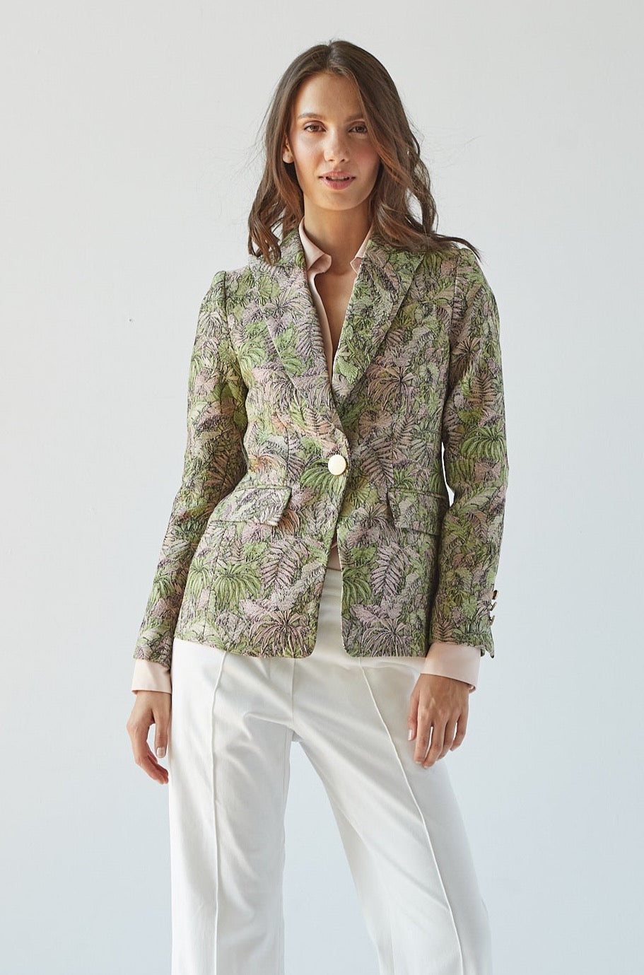 Adroit Atelier Hunter Single Breasted Jacquard Blazer in Moss/Rose available at Barbara Katz