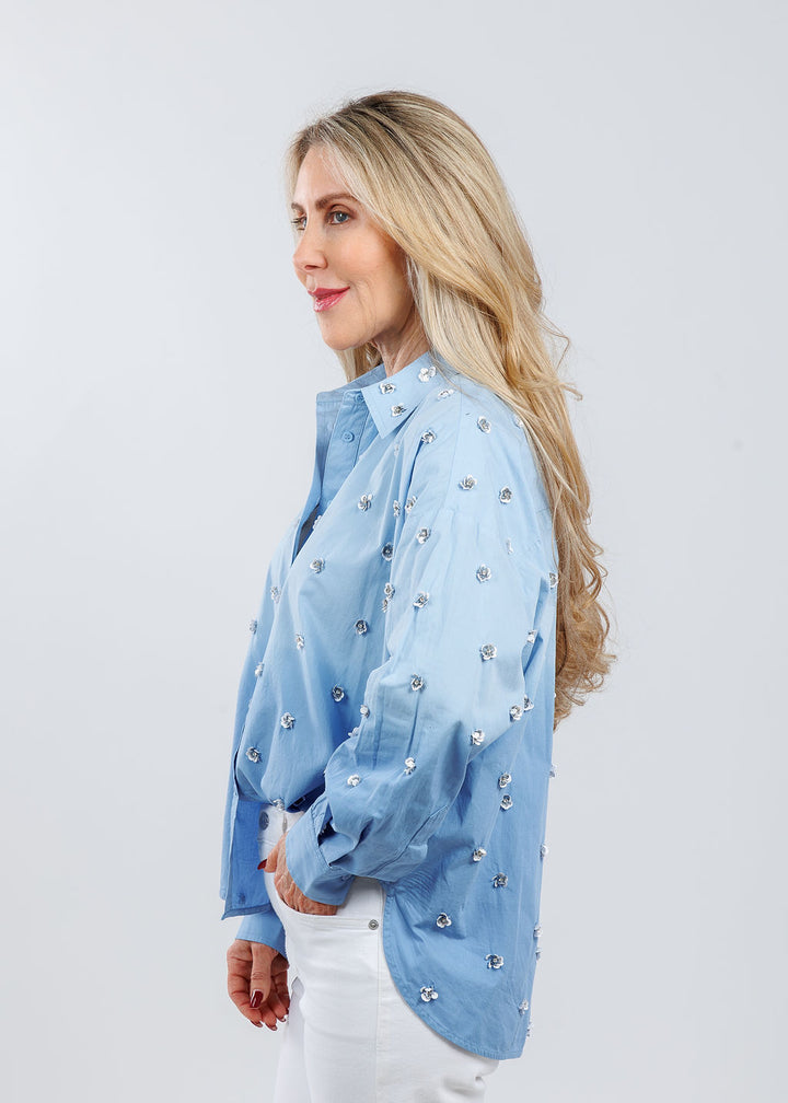 Essentiel Antwerp Harkansas Embellished Long Sleeve Shirt in Aqua Blue available at Barbara Katz