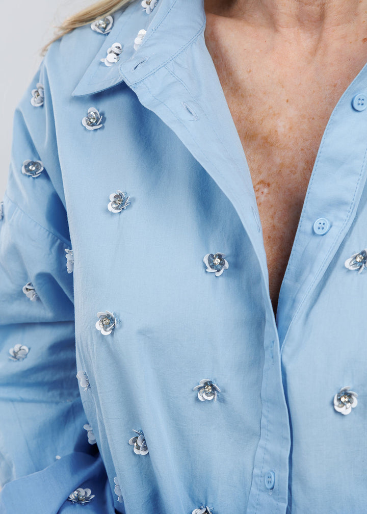 Essentiel Antwerp Harkansas Floral Embellished Shirt in Aqua Blue available at Barbara Katz