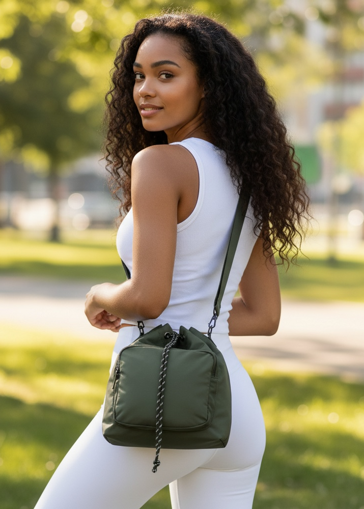 Haute Shore Harley Nylon Bucket Bag in Olive available at Barbara Katz