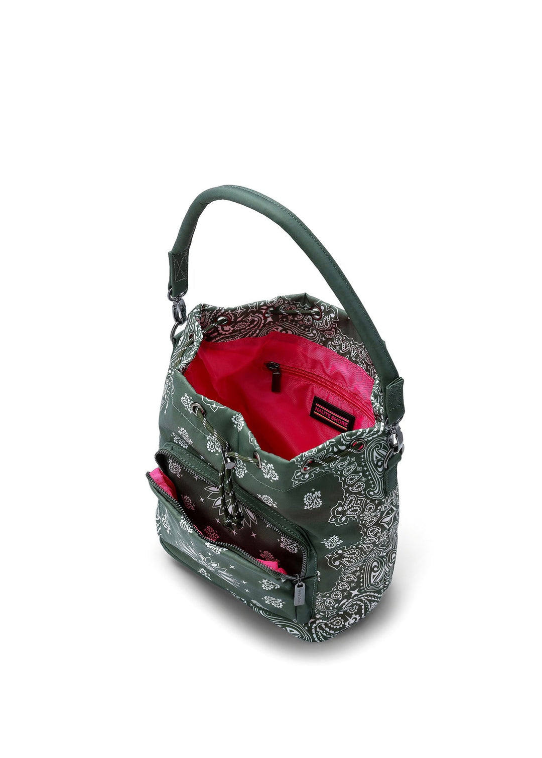 Haute Shore Harley Bandana Print Bucket Bag in Olive available at Barbara Katz