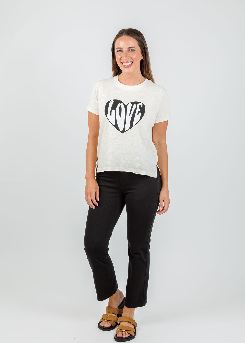 Lisa Todd Hello Love Tee in Puff paired with Lysse Ankle Denim Baby Bootcut Pants in Black available at Barbara Katz