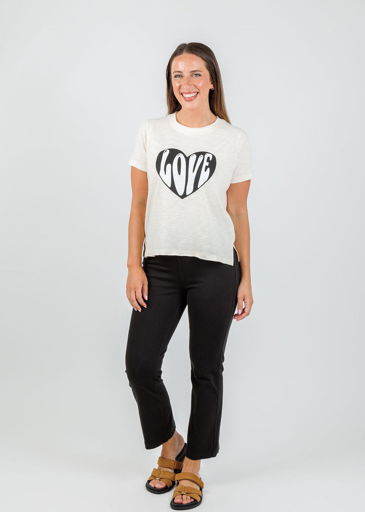Lisa Todd Hello Love Tee in Puff paired with Lysse Ankle Denim Baby Bootcut Pants in Black available at Barbara Katz