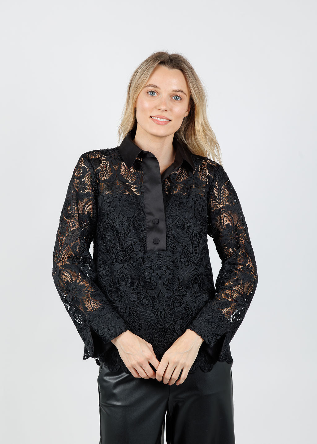 Hinson Wu Aileen 3/4 Sleeve Lace Shirt in Black available at Barbara Katz