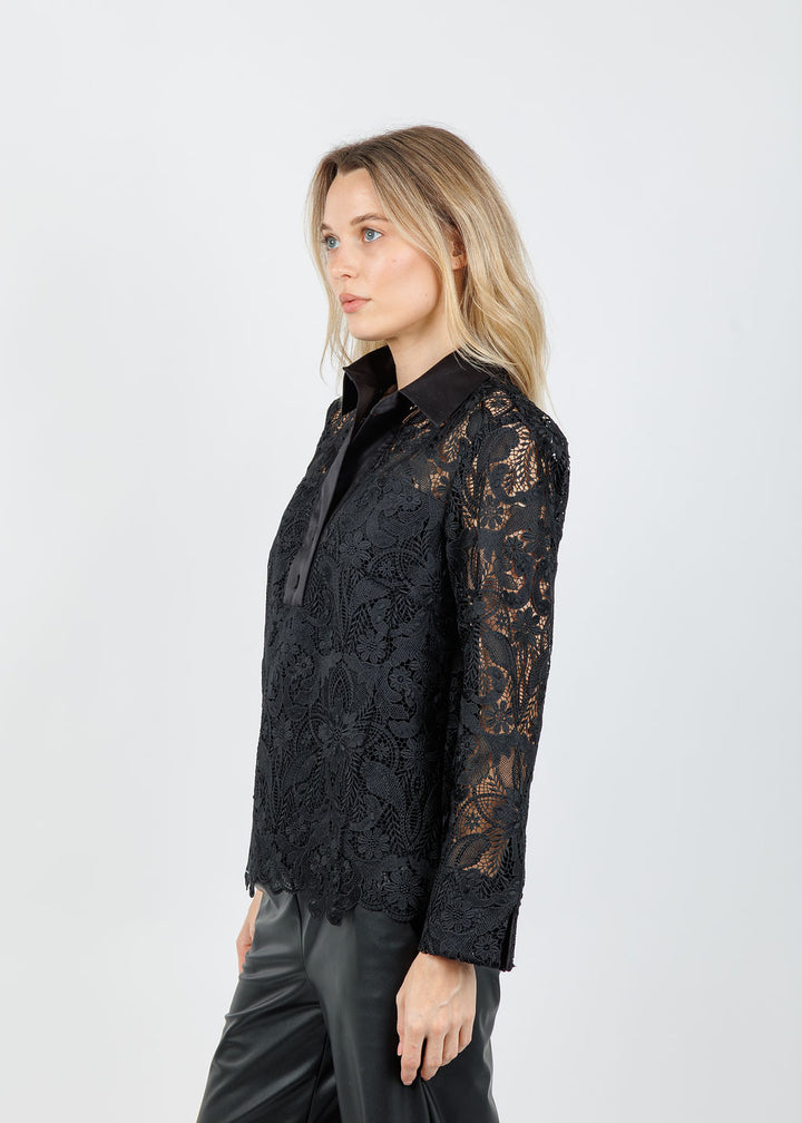 Hinson Wu Aileen 3/4 Sleeve Lace Shirt in Black available at Barbara Katz