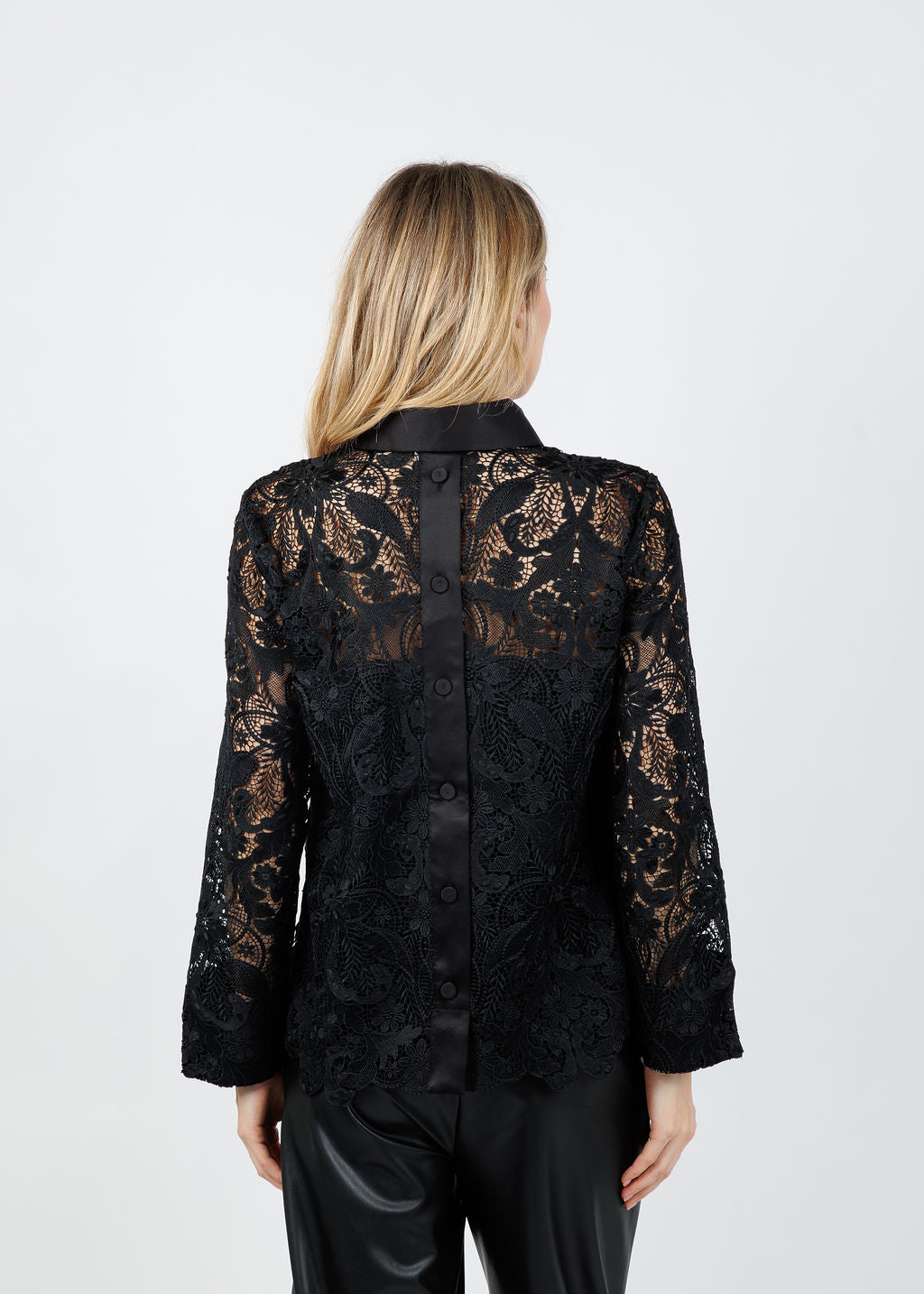 Hinson Wu Aileen 3/4 Sleeve Lace Shirt in Black available at Barbara Katz