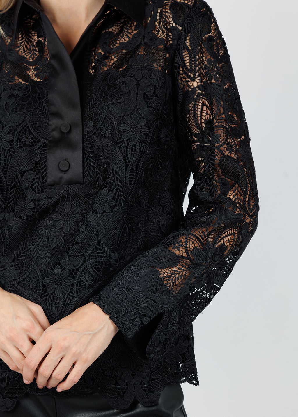 Hinson Wu Aileen 3/4 Sleeve Lace Shirt in Black available at Barbara Katz