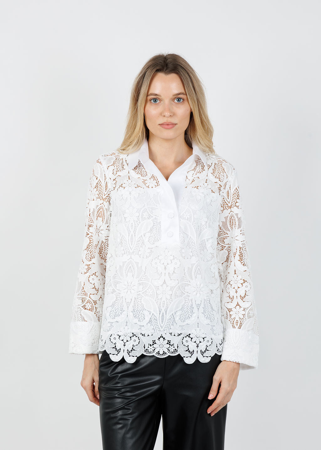 Hinson Wu Aileen 3/4 Sleeve Lace Shirt in White available at Barbara Katz