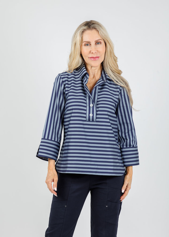 Hinson Wu Aileen 3/4 Sleeve Classic Stripe Shirt in French Grey/Midnight available at Barbara Katz