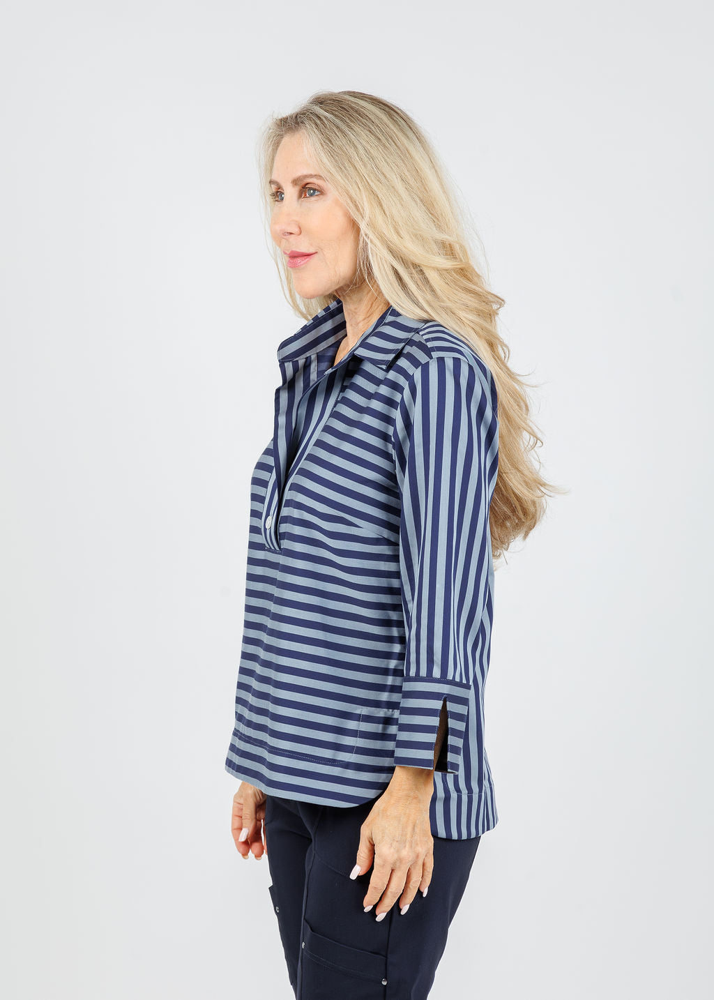 Hinson Wu Aileen 3/4 Sleeve Classic Stripe Top in French Grey/Midnight available at Barbara Katz