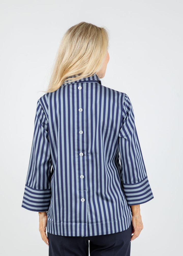 Hinson Wu Aileen 3/4 Sleeve Classic Stripe Back Button Shirt in French Grey/Midnight available at Barbara Katz