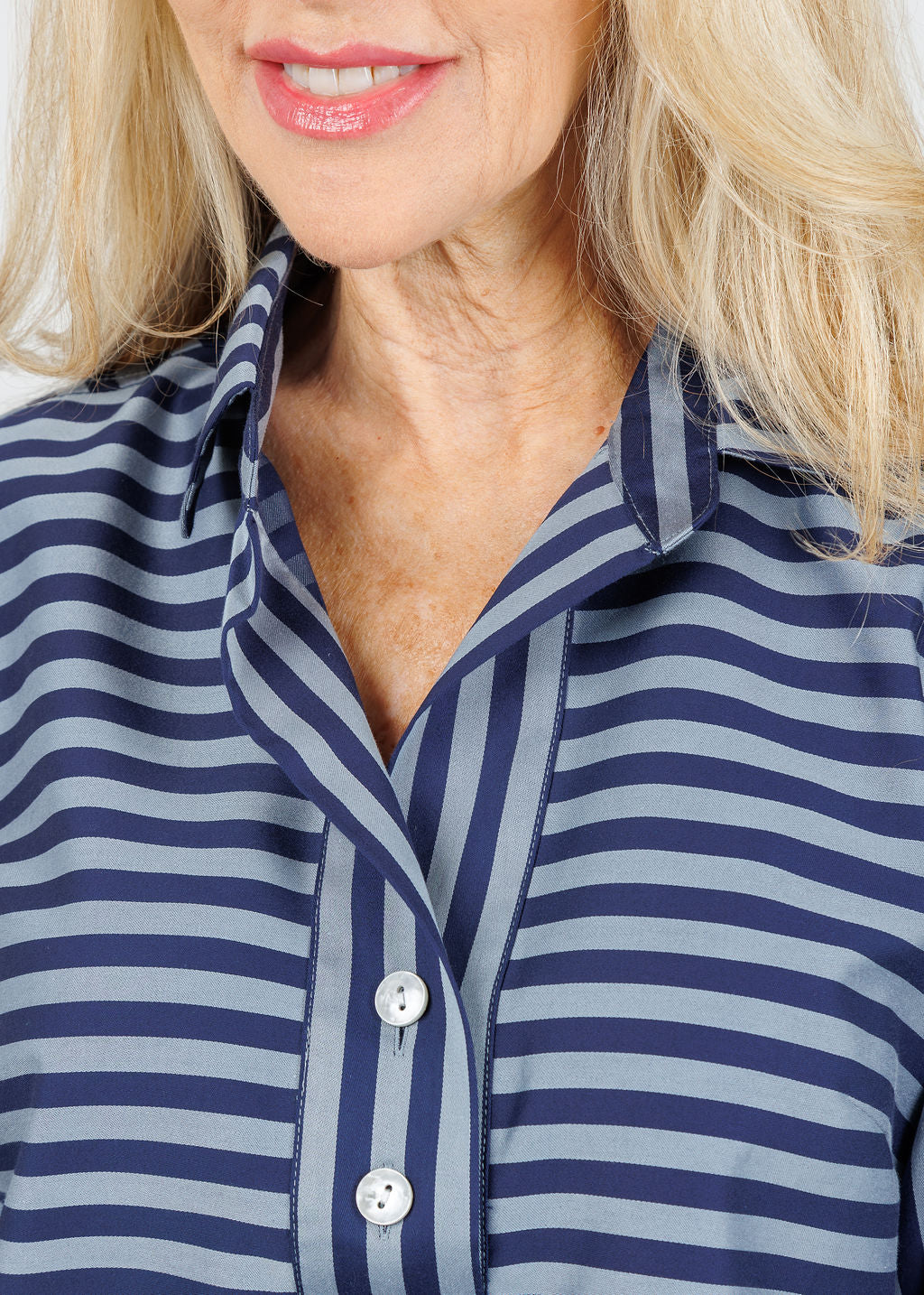 Hinson Wu Aileen 3/4 Sleeve Classic Stripe Shirt in French Grey/Midnight available at Barbara Katz