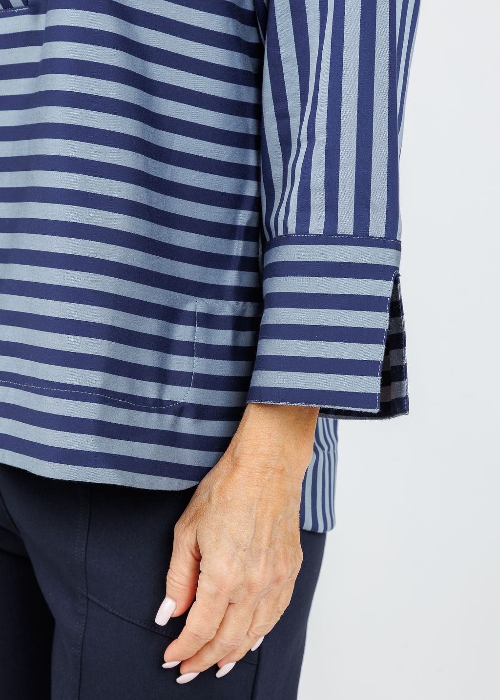 Hinson Wu Aileen 3/4 Sleeve Classic Stripe Shirt in French Grey/Midnight available at Barbara Katz