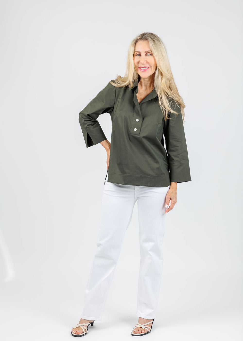 Hinson Wu Aileen 3/4 Sleeve Button Back Top in Oregano paired with Frame Le Slim Palazzo Jeans in White available at Barbara Katz