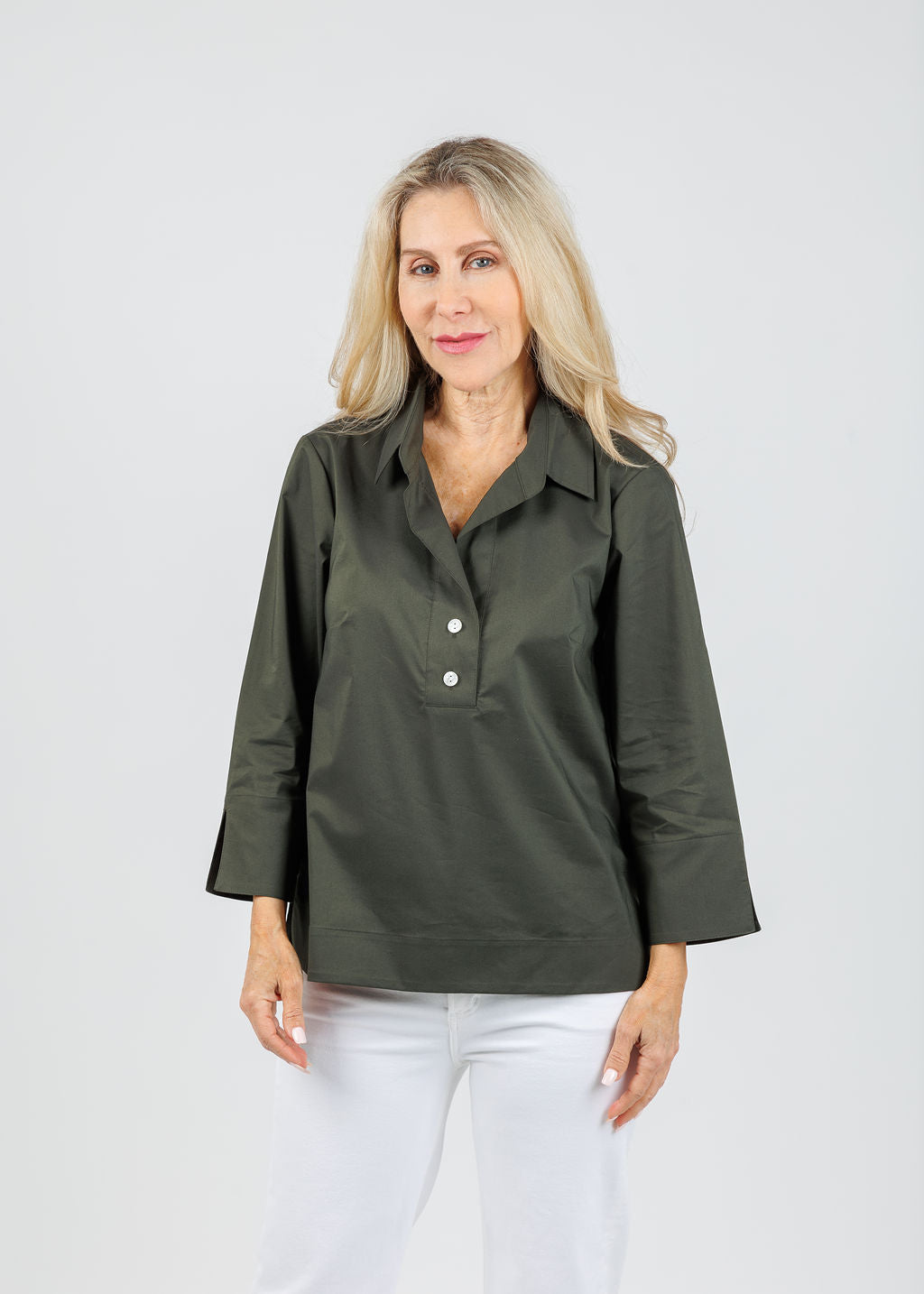 Hinson Wu Aileen 3/4 Sleeve Button Back Top in Oregano available at Barbara Katz