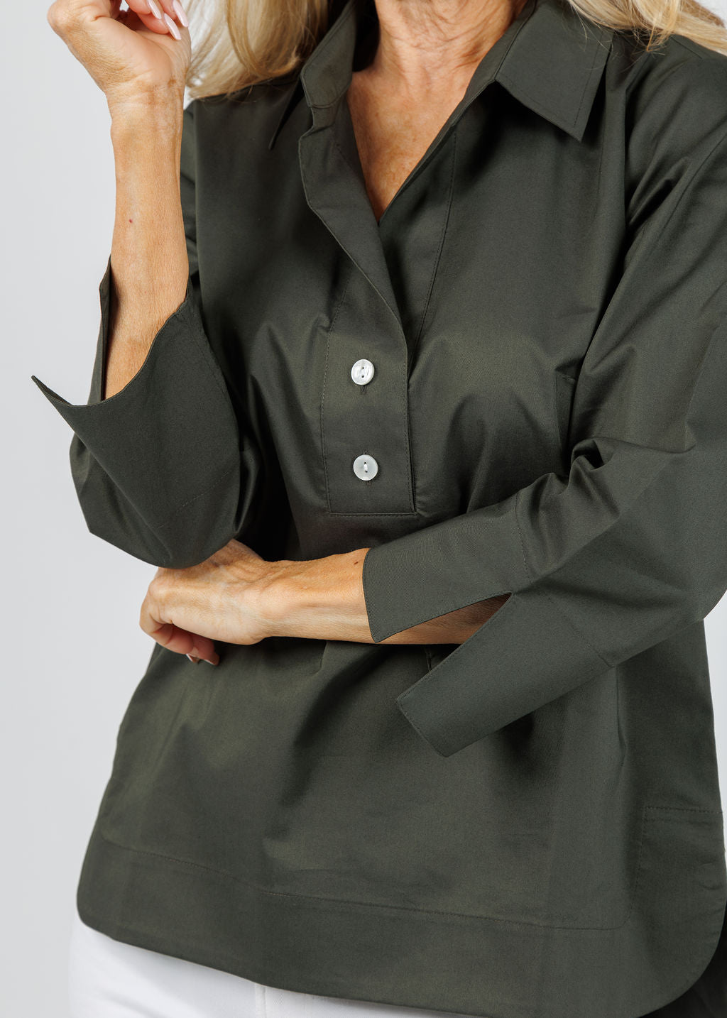 Hinson Wu Aileen 3/4 Sleeve Button Back Top in Oregano available at Barbara Katz