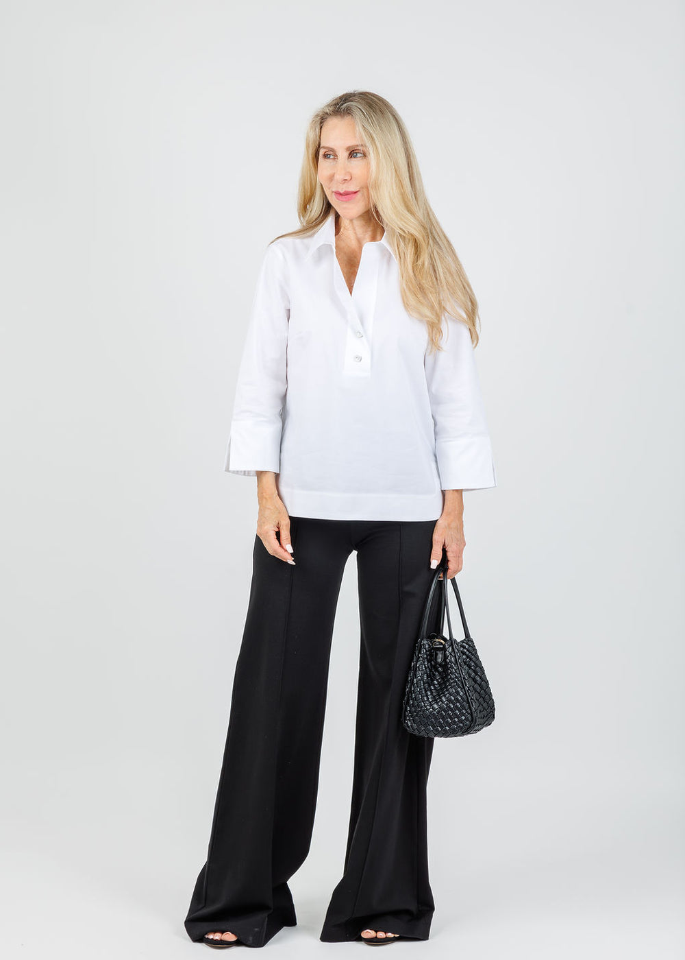 Hinson Wu Aileen 3/4 Sleeve Button Back Top in White paired with Ripley Rader Ponte Knit Pants in Black available at Barbara Katz
