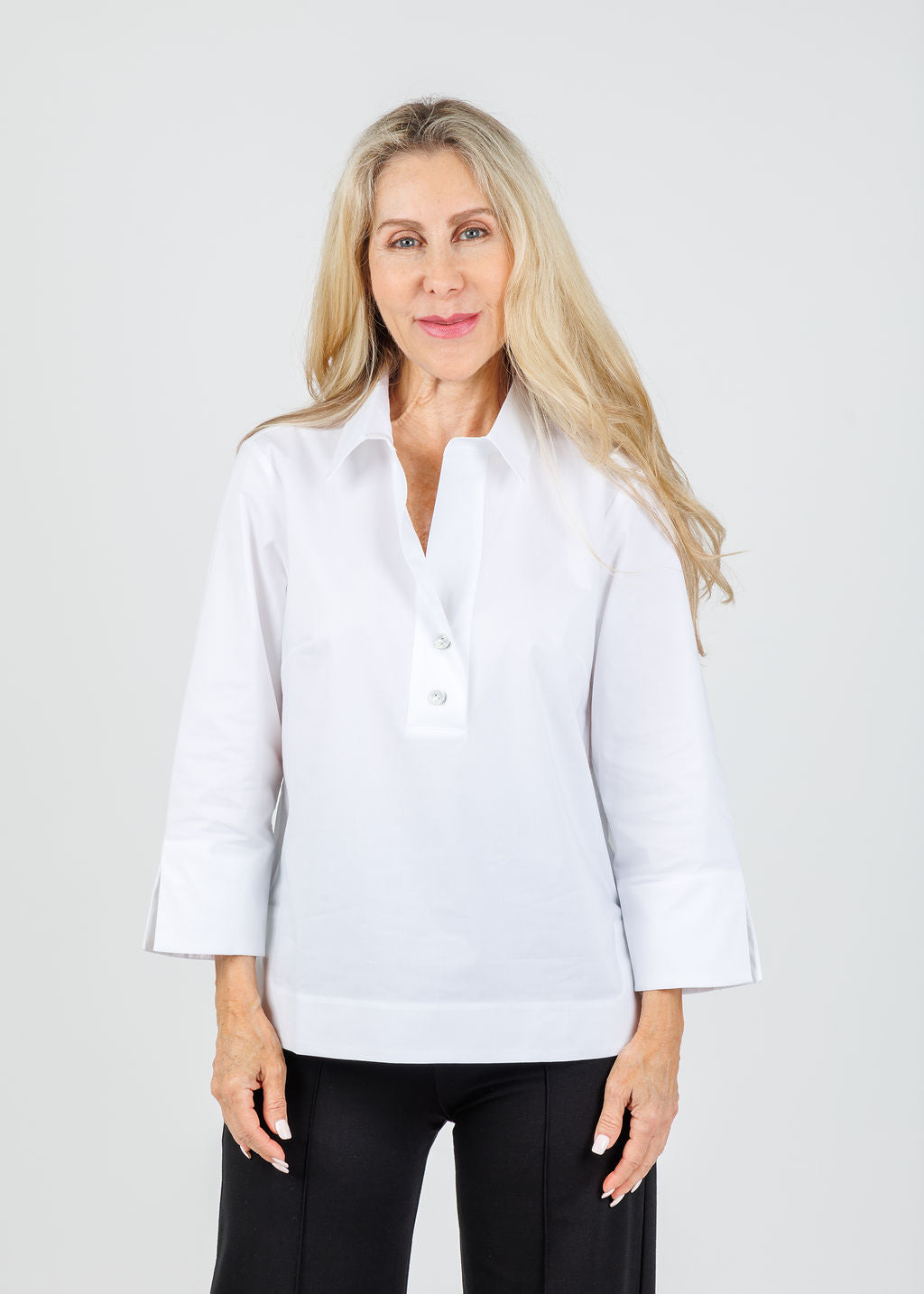 Hinson Wu Aileen 3/4 Sleeve Button Back Top in White available at Barbara Katz