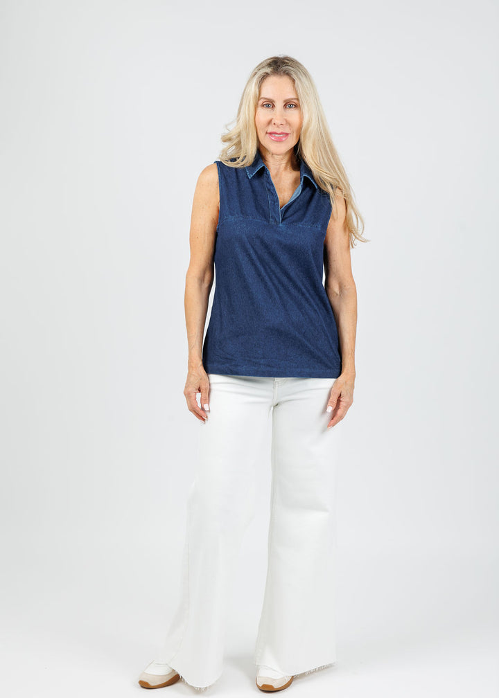 Hinson Wu Jane Sleeveless Knit Denim Foundation Layer in Dark Wash paired with Frame Le Palazzo Crop Jeans in Au Natural Clean Raw After available at Barbara Katz