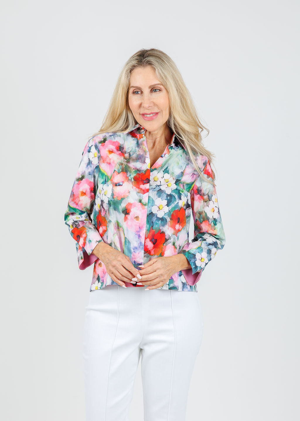 Hinson Wu Xena 3/4 Sleeve Watercolor Garden Shirt available at Barbara Katz