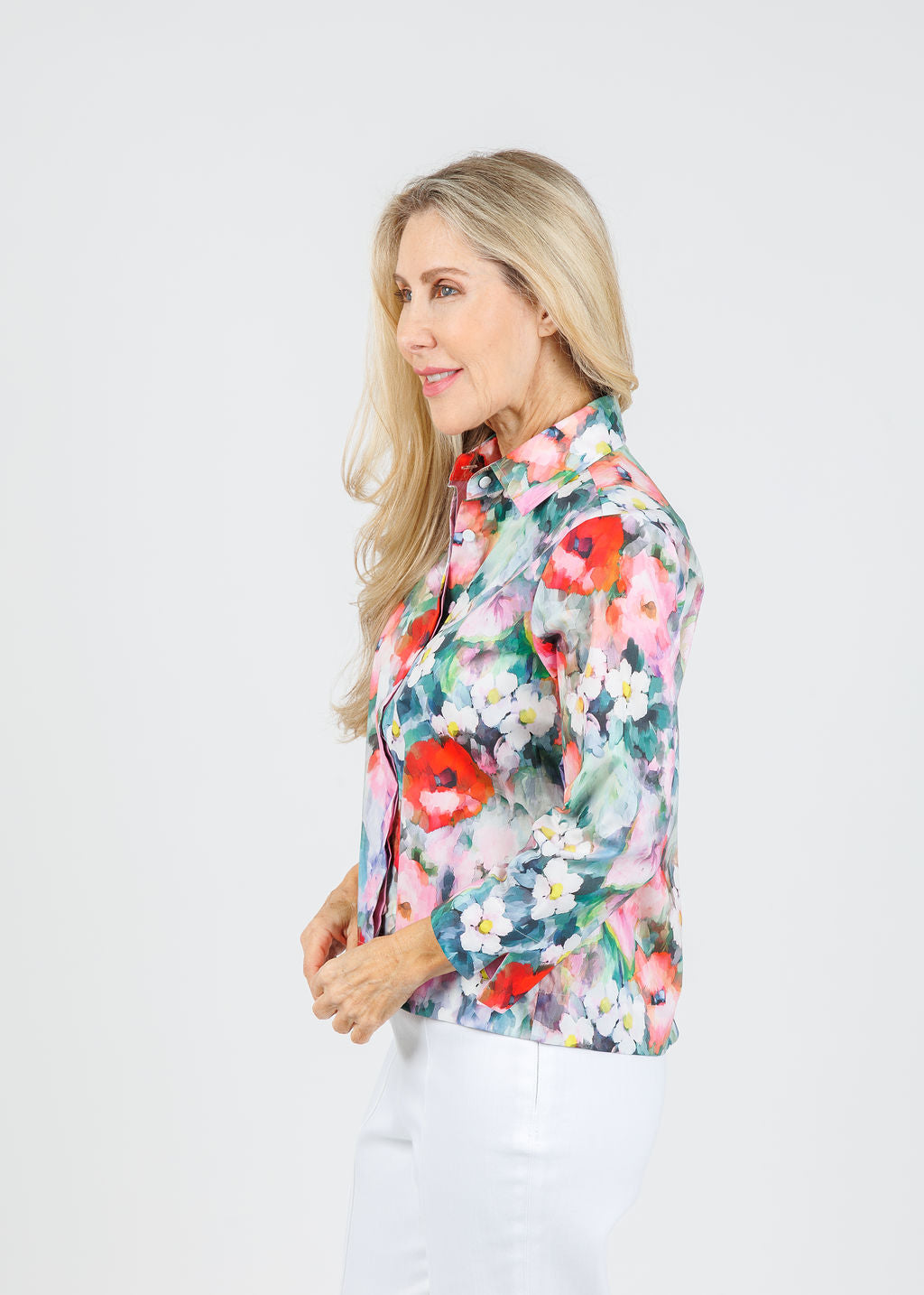 Hinson Wu Xena 3/4 Sleeve Watercolor Garden Shirt available at Barbara Katz