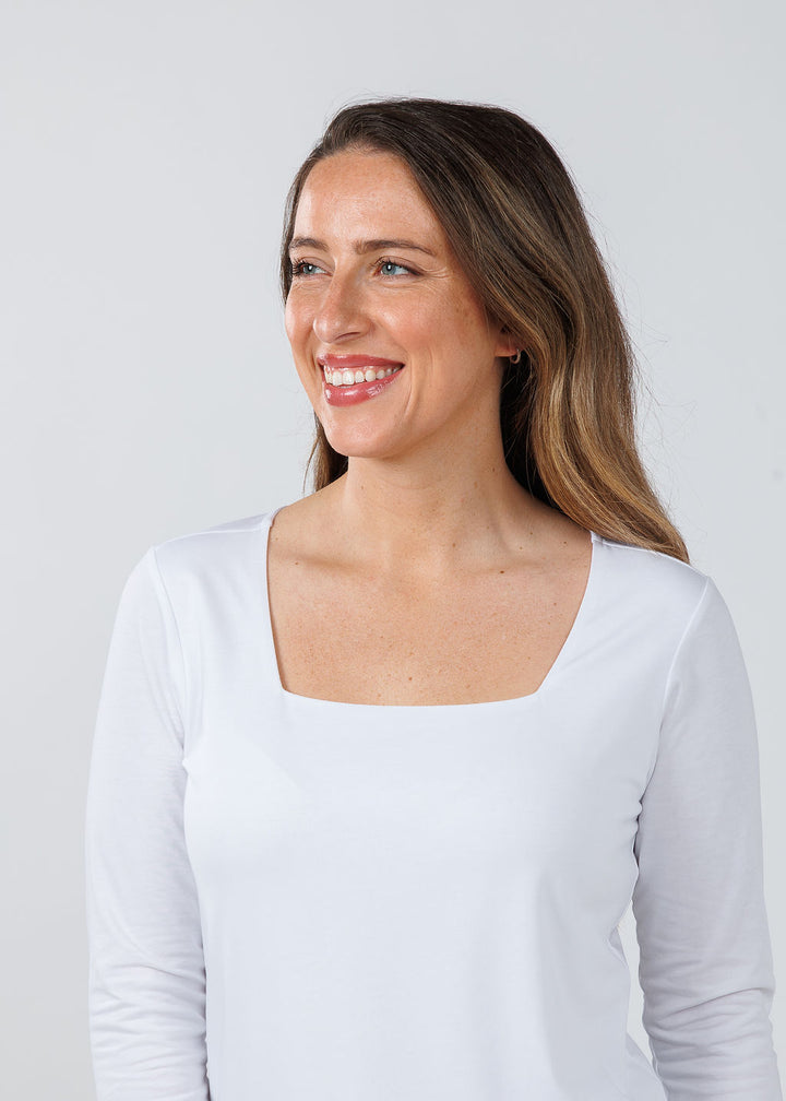 Hinson Wu 3/ 4 Sleeve Square Neck Top in white available at Barbara Katz 