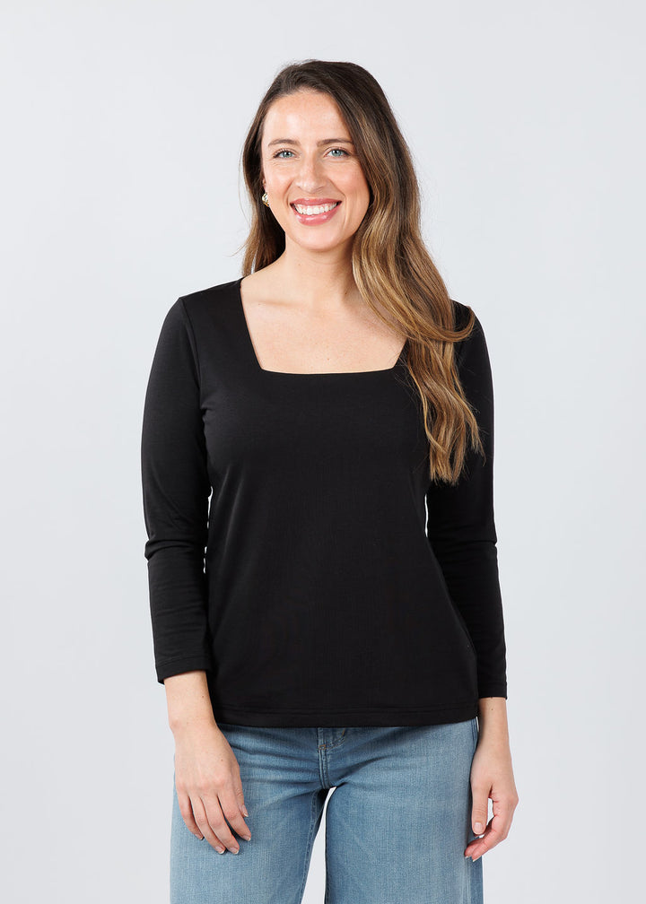 Hinson Wu 3/4 Sleeve Square Neck Top in Black available at Barbara Katz