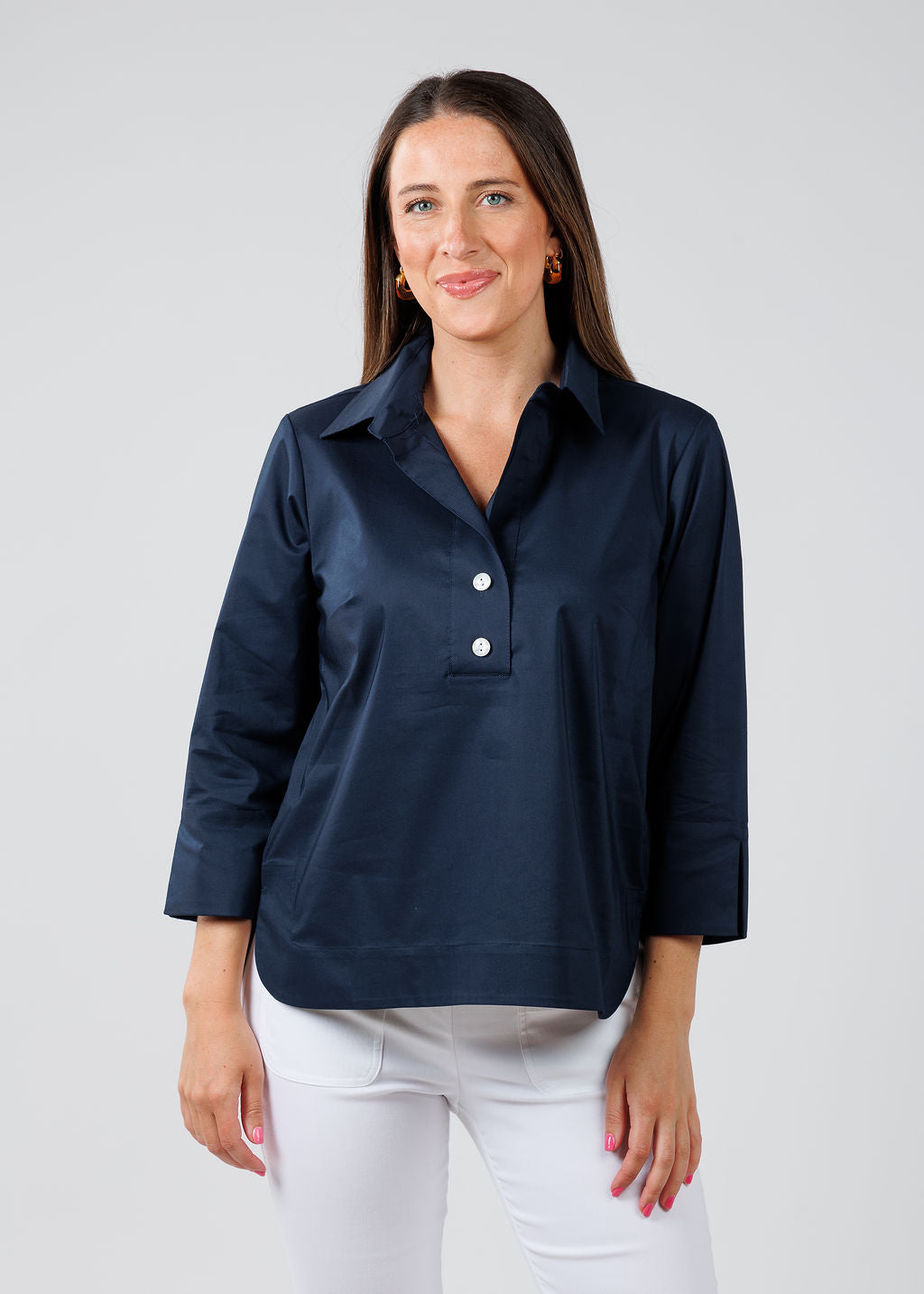 Hinson Wu Aileen 3/4 Sleeve Button Back Top in Navy available at Barbara Katz
