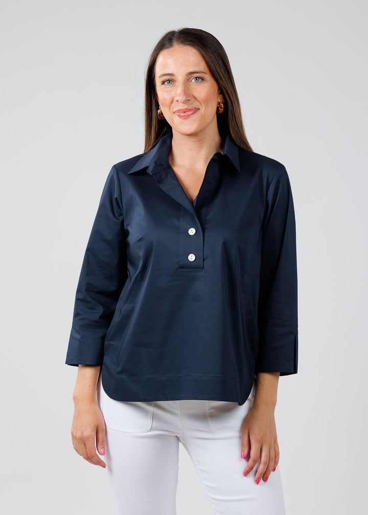 Hinson Wu Aileen 3/4 Sleeve Button Back Top in Navy available at Barbara Katz