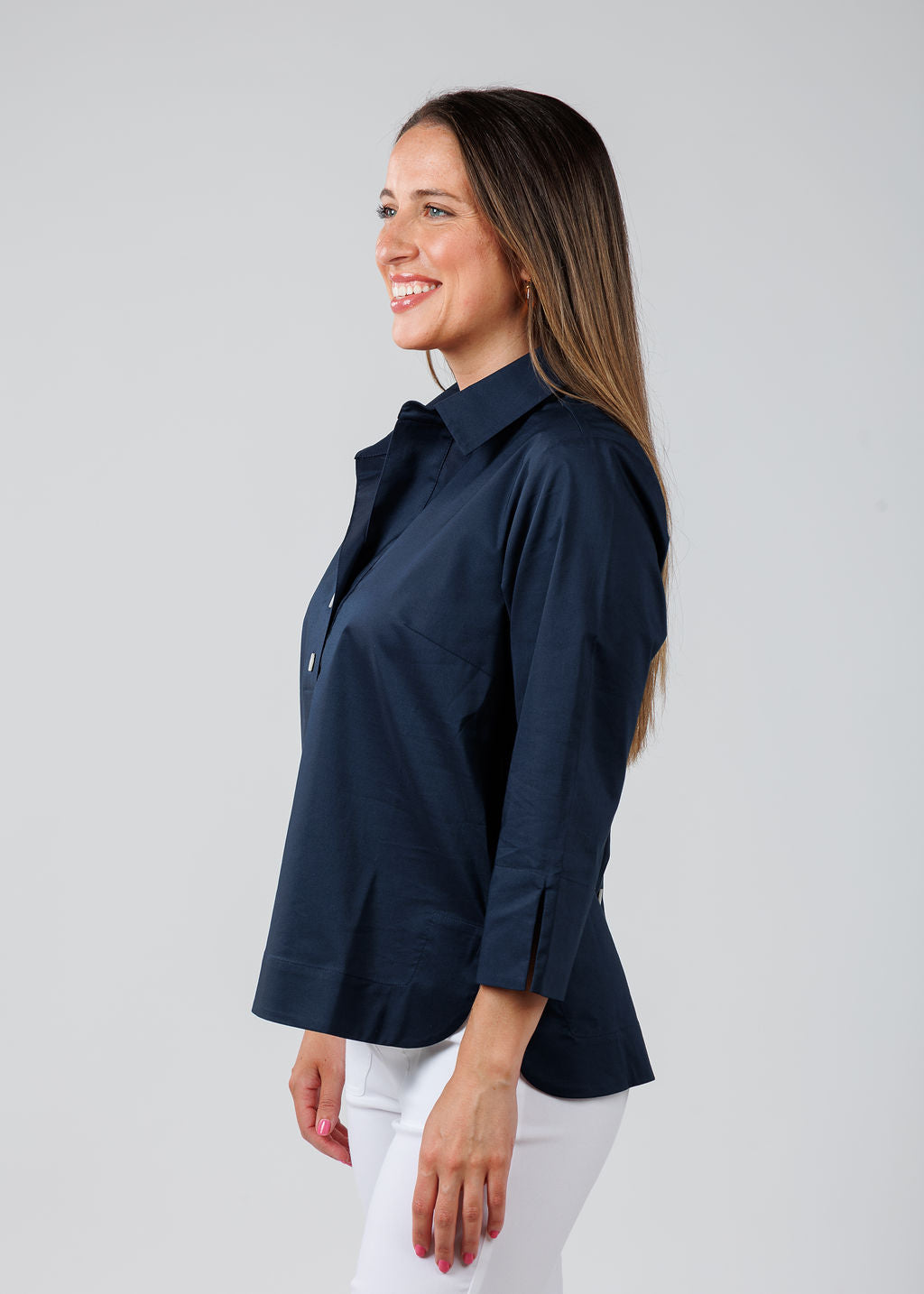 Hinson Wu Aileen 3/4 Sleeve Button Back Top in Navy available at Barbara Katz