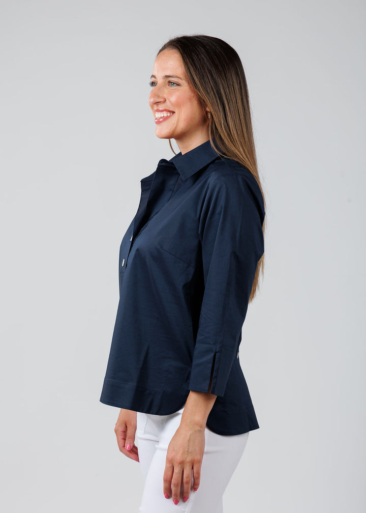Hinson Wu Aileen 3/4 Sleeve Button Back Top in Navy available at Barbara Katz