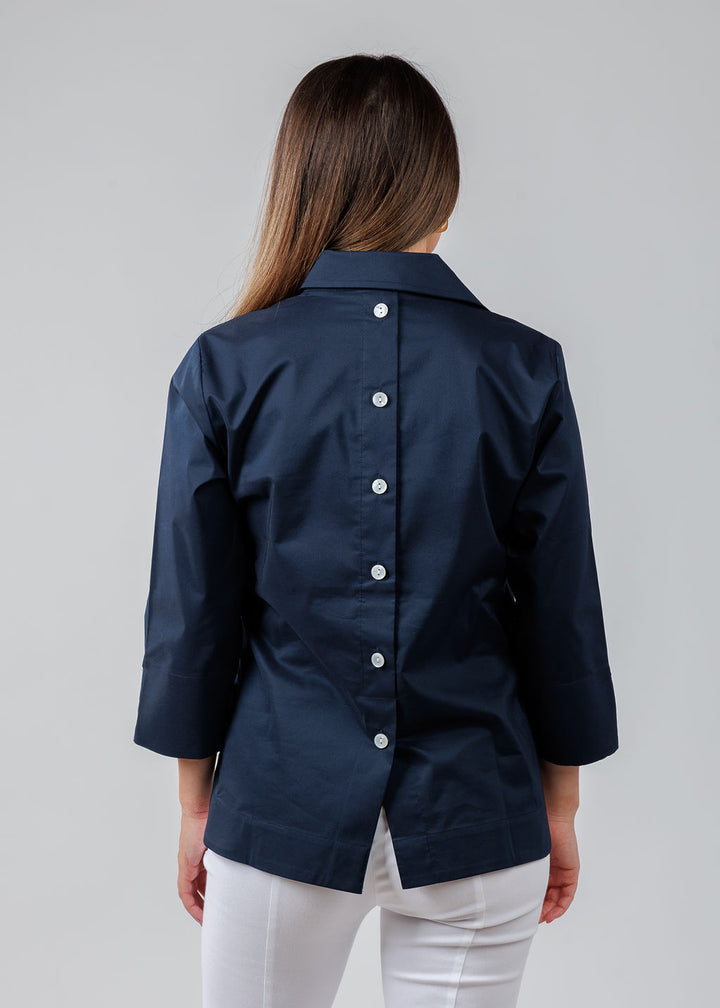 Hinson Wu Aileen 3/4 Sleeve Button Back Top in Navy available at Barbara Katz