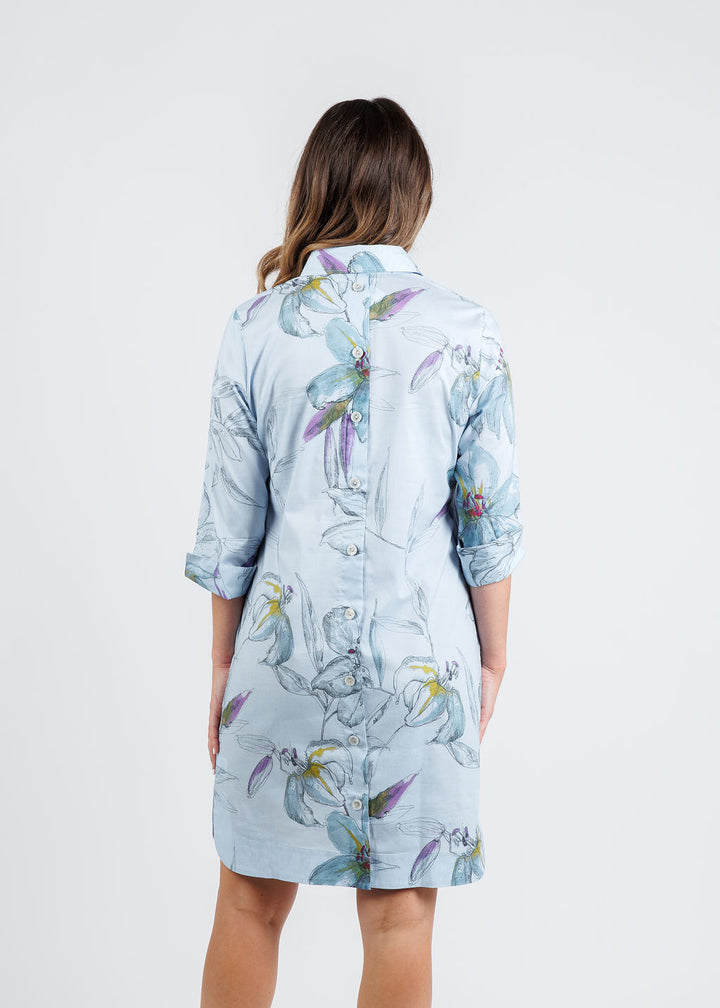 Hinson Wu Aileen 3/4 Sleeve Button Back Dress in Lily Print available at Barbara Katz
