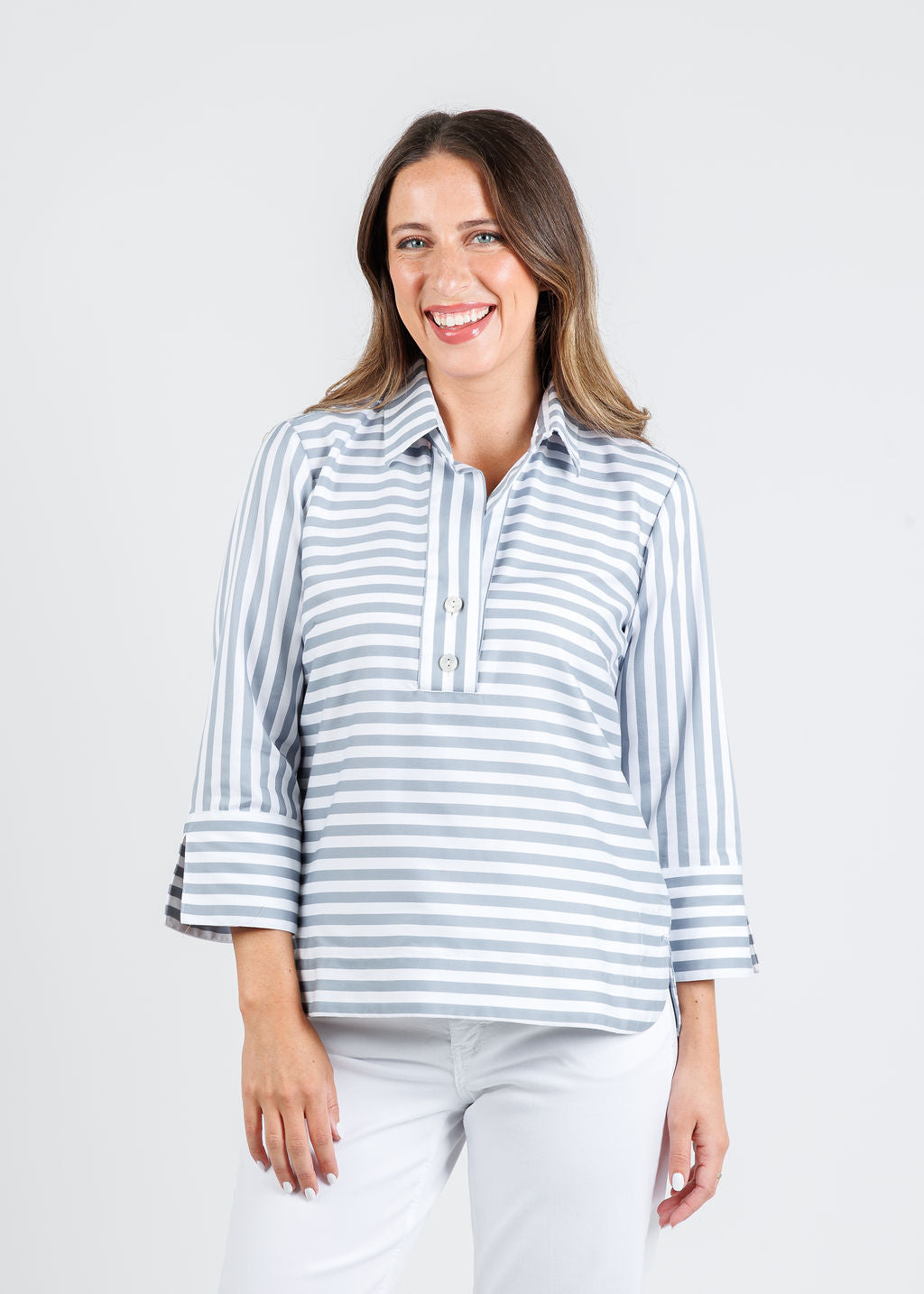Hinson Wu Aileen 3/4 Sleeve Stripe Gingham Combo Shirt in French Grey/White available at Barbara Katz