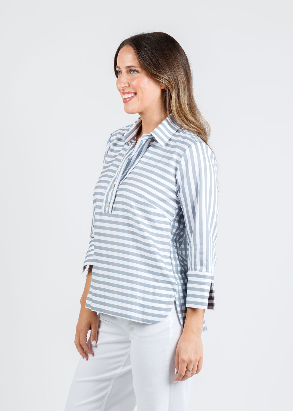 Hinson Wu Aileen 3/4 Sleeve Stripe Gingham Combo Shirt in French Grey/White available at Barbara Katz