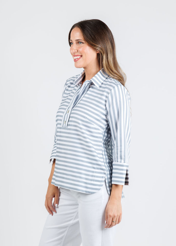 Hinson Wu Aileen 3/4 Sleeve Stripe Gingham Combo Shirt in French Grey/White available at Barbara Katz