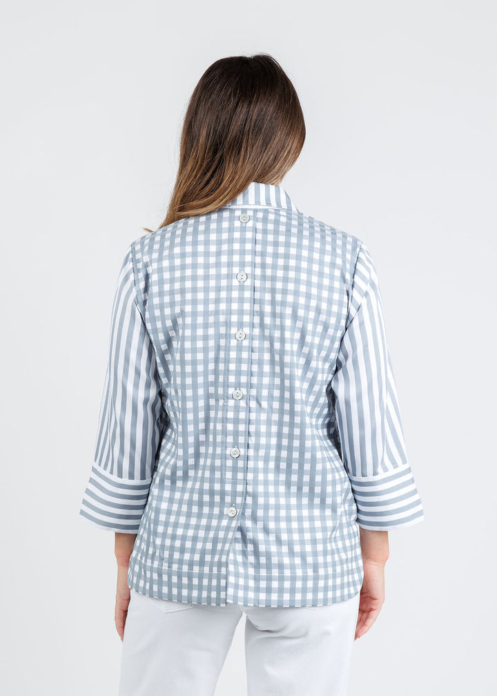 Hinson Wu Aileen 3/4 Sleeve Stripe Gingham Combo Shirt in French Grey/White available at Barbara Katz