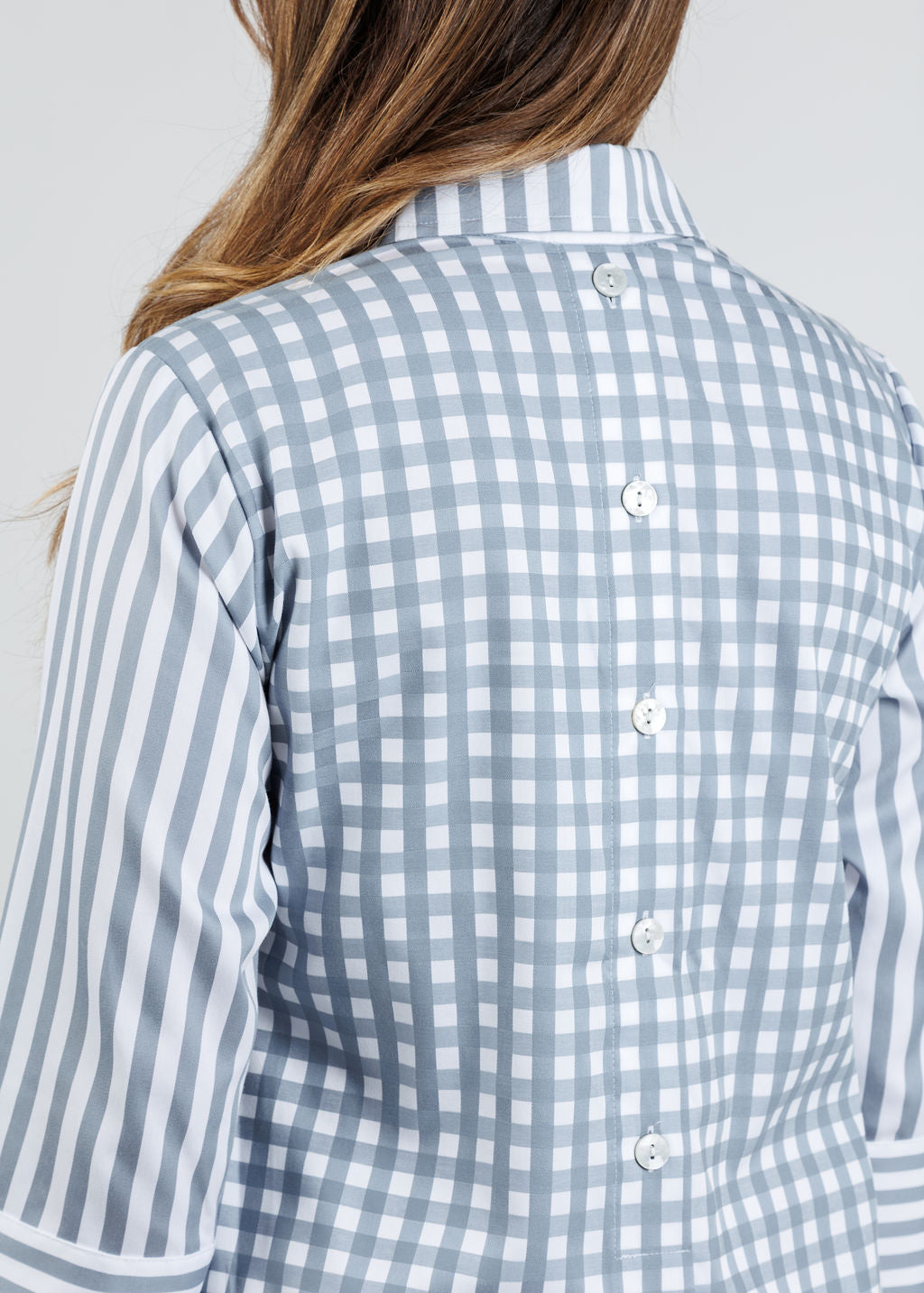 Hinson Wu Aileen 3/4 Sleeve Stripe Gingham Combo Shirt in French Grey/White available at Barbara Katz