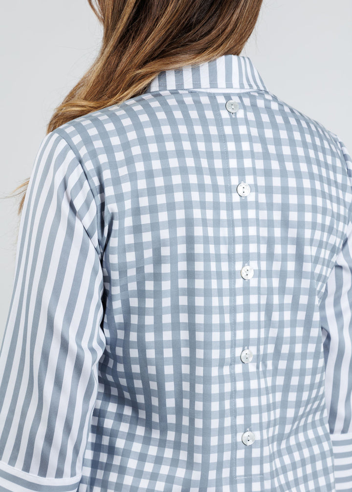 Hinson Wu Aileen 3/4 Sleeve Stripe Gingham Combo Shirt in French Grey/White available at Barbara Katz