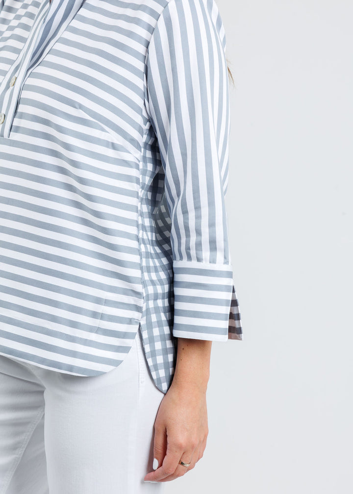 Hinson Wu Aileen 3/4 Sleeve Stripe Gingham Combo Shirt in French Grey/White available at Barbara Katz