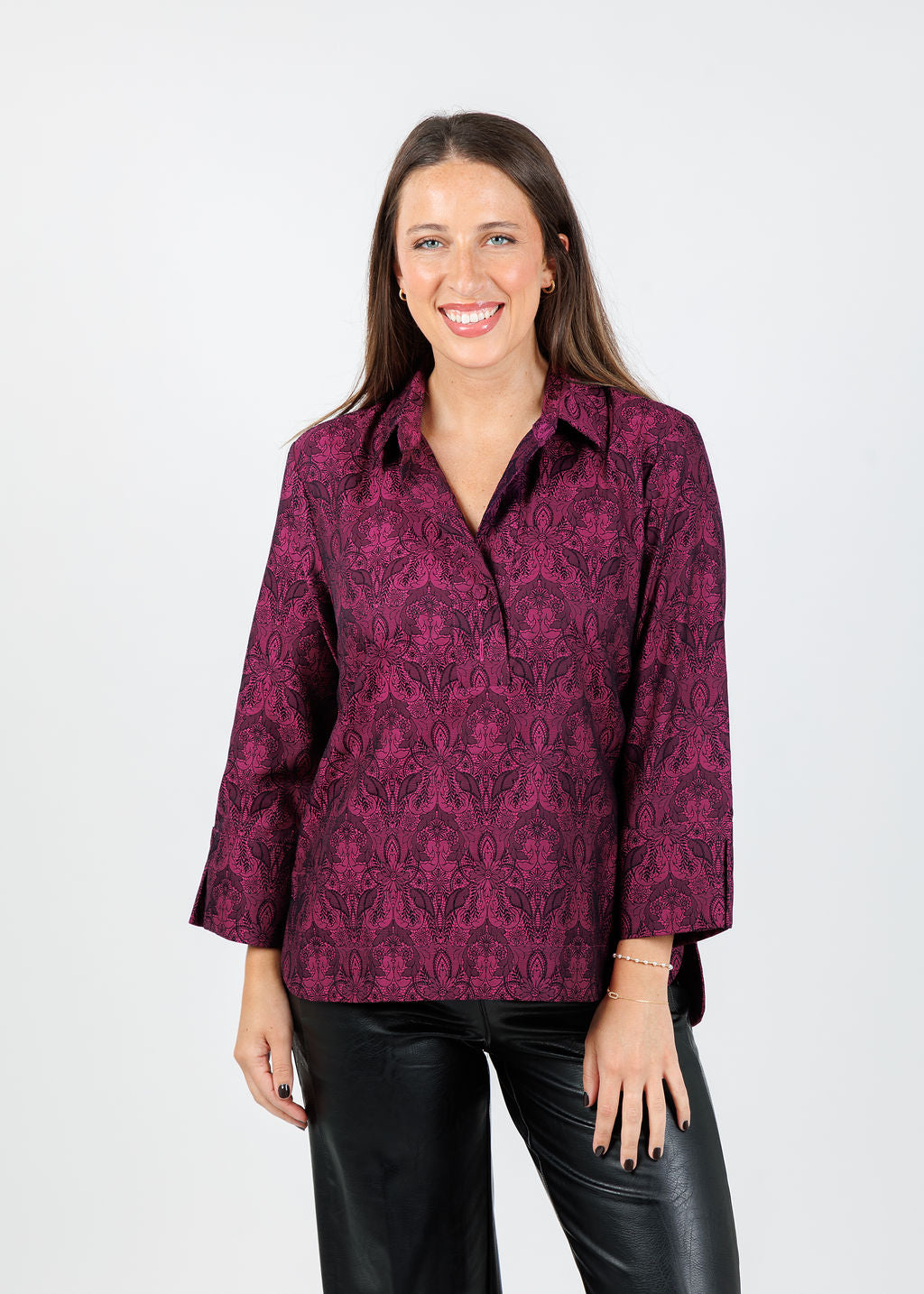 Hinson Wu Aileen 3/4 Sleeve Blouse in Black/Raspberry available at Barbara Katz