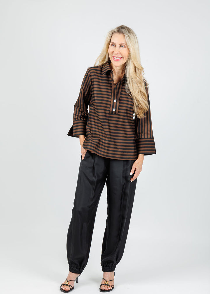 Hinson Wu Aileen 3/4 Sleeve Classic Stripe Shirt in Caramel/Black paired with Marella Abetaia Long Trouser Pants in Black available at Barbara Katz
